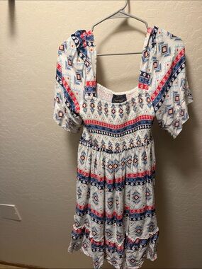 Threaddgrit Dress - White with Blue & Red Tribal Print
